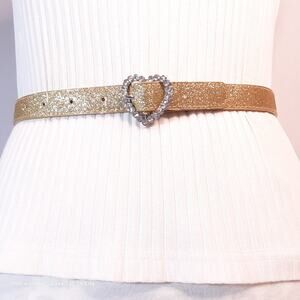 Golden Glitter Belt Womens Small Waist Rhinestone Studded Heart Shape Buckle